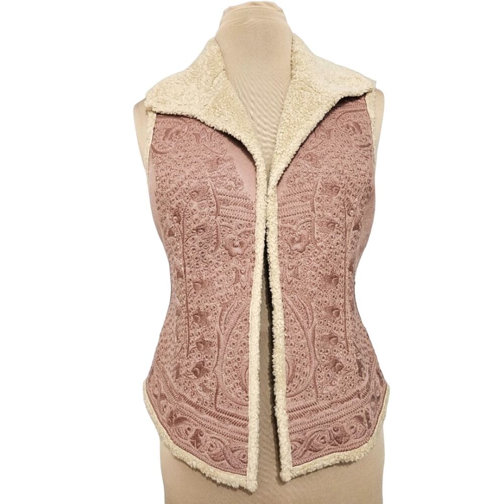 New Dana Buchman Vest Vintage Rose Mauve Embroidered Fleece Lined Sleeveless 6